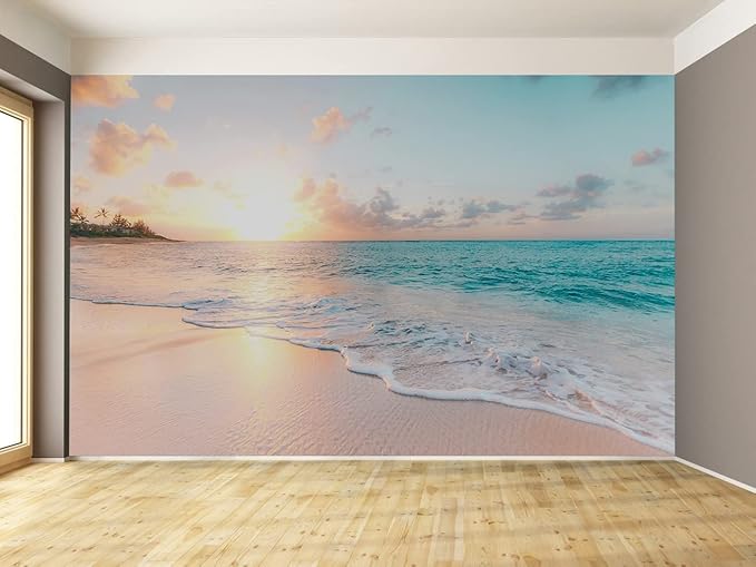 Sunset Wall Murals Romantic Beach Photo Mural Wallpaper Wall Decor Print for Living Room Bedroom Dining Room（Not Peel and Stick）