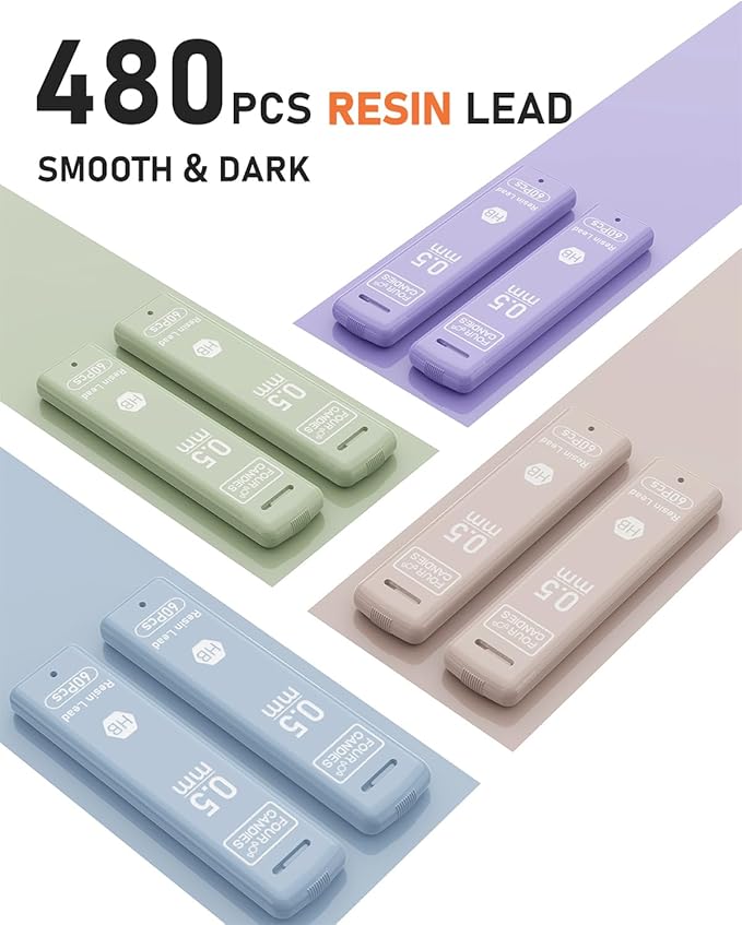 Four Candies Cute Mechanical Pencil Set with Case, 4PCS 0.5mm Pastel Fast Click Aesthetic Mechanical Pencils with 480PCS HB Lead Refills, 2 Erasers, 12 Eraser Refills School Supplies for Girls Writing