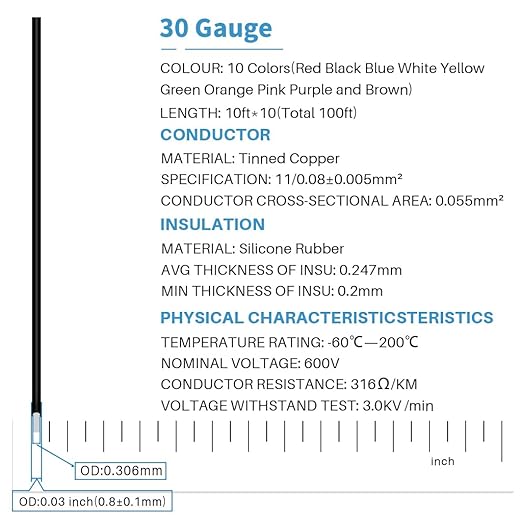 BNTECHGO 30 Gauge Silicone Wire Kit 10 Color Each 10 ft Flexible 30 AWG Stranded Tinned Copper Wire
