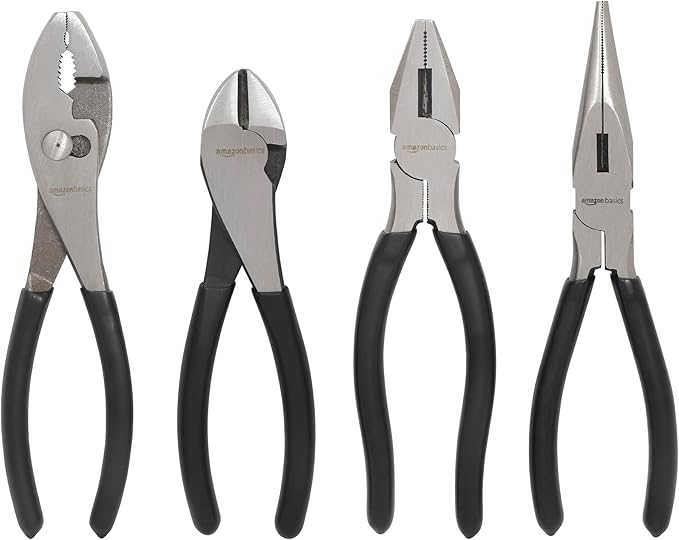 Amazon Basics Pliers Set, Hand Tools for Precision, Set of 4, Black and Silver