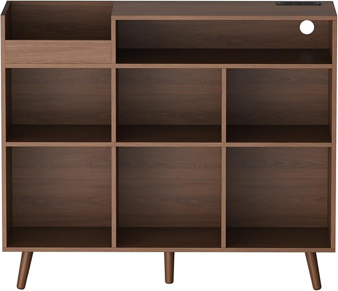 Cozy Castle Large Record Player Stand, Vinyl Storage Cabinet Mid Century Modern Turntable Stand Media Console Table Open Shelf Cube CD Album Holder Organizer for Living Room, Office, Brown