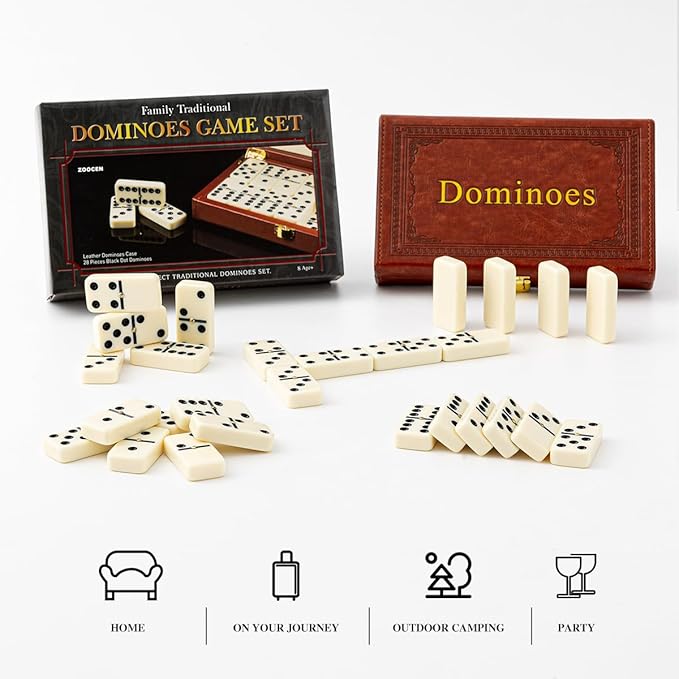 Double 6 Dominoes Set in Leatherette Case (28 Tiles with Spinner), Ivory
