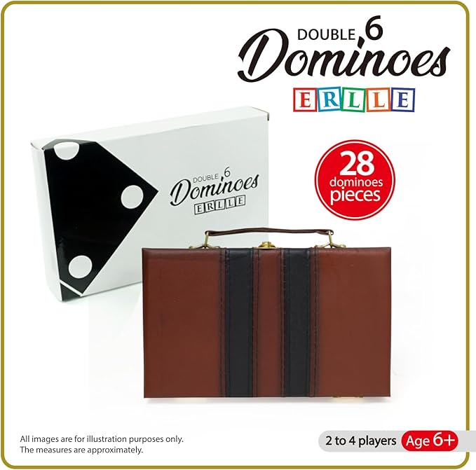 ERLLE - Premium Double 6 Dominoes Set, Classic Domino Game with Leather Case, Domino Set for Adults & Kids, Durable, Travel-Friendly, and Easy to Read Tiles