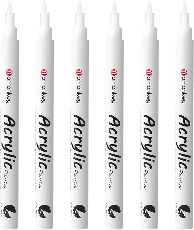White Paint Marker Pens 6 Pack 0.7mm Extra Fine Tip, Permanent Acrylic Ink for Rock, Wood, Metal, Glass, Ceramic, Plastic, Canvas, Pens for DIY Crafts, Art & Fine Detailing