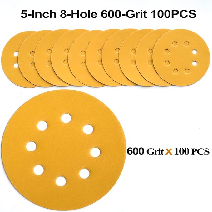 5-Inch 8-Hole Hook and Loop Sanding Discs 600-Grit Random Orbit Sandpaper, 100-Pack