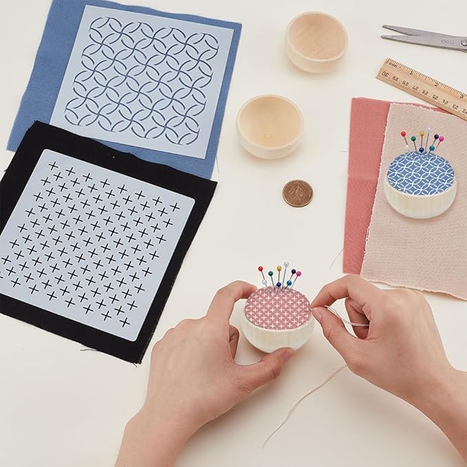 ACRNIGHEET 4 Set Sashiko Pin Cushion Bowls Making Kits, Embroidery Pin Cushion for Sewing, Sewing Pins Cushion, Wooden Base Japanese Traditional Style Sewing Needle Holder, DIY Crafts Home Use