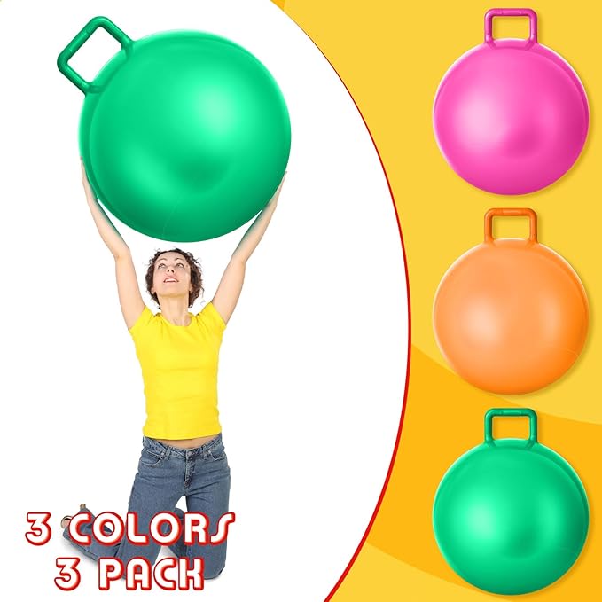 Lewtemi 3 Pcs 29 Inch Bouncing Ball with Handle, Outdoors Hopper Jumping Hopping Ball and Air Pump for Sports Exercise (Green, Orange, Pink)