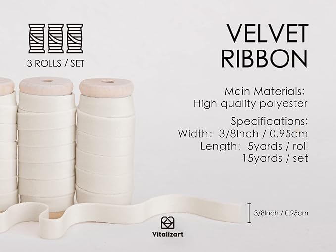 Vitalizart Ivory Velvet Ribbon Set 3/8" x 15 Yd Wooden Spool Fabric Trim 3 Rolls * 5 Yd for Christmas Wreath Decoration Handmade Craft Ornaments Gift Wrapping & Bow Making