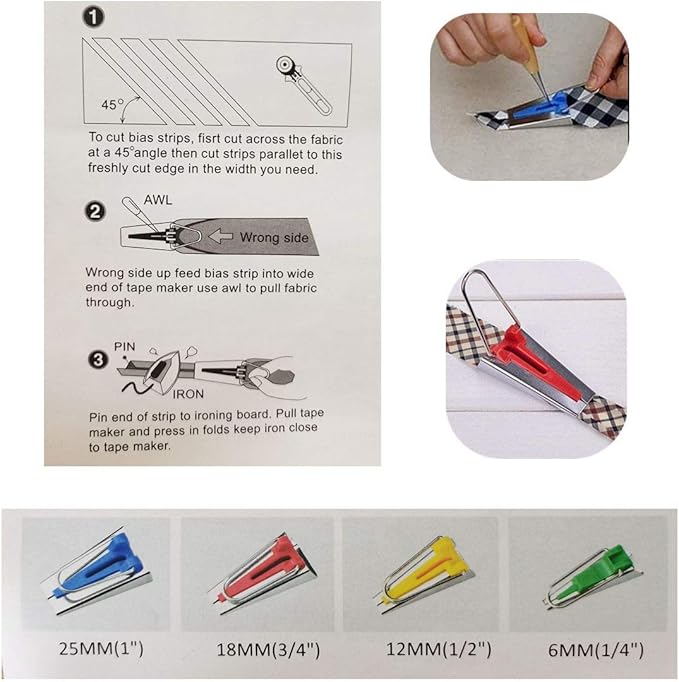 HONEYSEW Set of 15 Size Fabric Bias Tape Maker Tools Fabric Sewing Quilting Bias Binding Maker Come with 40 pcs of Multi-Color Quilting Pins Jelly Roll Sasher Tool Set