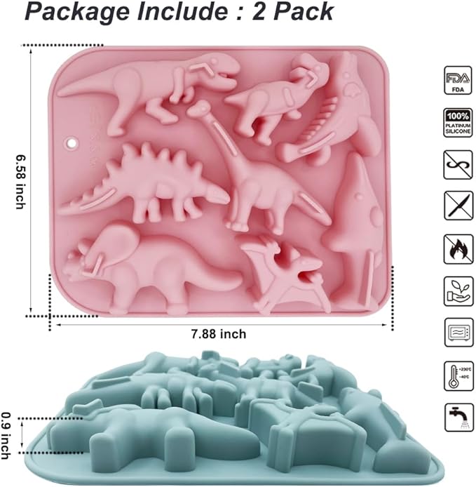 2 Pack 3D Ancient Dinosaur Silicone Molds 8 Cavity Dinosaur Themed Baking Mould Tray DIY Baking Tool for Chocolate Cake Dessert Candy Mousse Pastry Handmade Soap Cupcake Topper