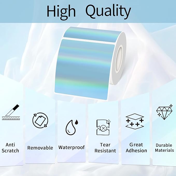 Holographic Square Thermal Labels Stickers 3" x 3", Square Direct Thermal Stickers Labels, Glitter Self-Adhesive Thermals Label for Small Business- Holographic Blue