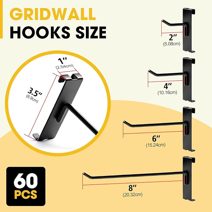 Gridwall Hooks 4 Inch 6 Inch 8 Inch, 60 Pack Heavy Duty Display Hook for Wire Grid Wall Panel, Grid Wall Accessories for Retail, Craft Shows, Home Setup and Customized Display, Black