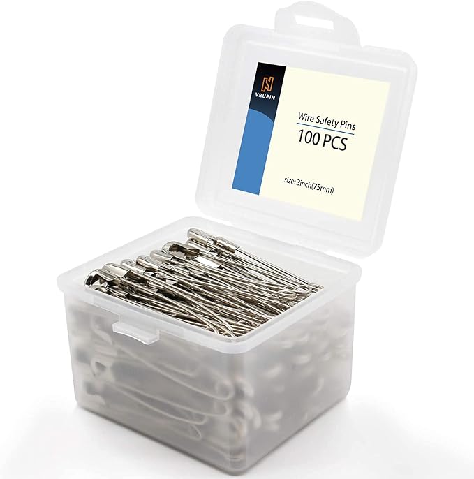 vrupin 100Pcs-3inch Stainless Steel Safety Pins,Safety Pins Bulk Metal Silver Sewing Pins Clothing Clips Tool 75mm Decorative Safety pins