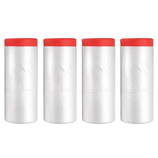 uxcell Pre-Taped Masking Film, 3.6ft x 66ft High-Tack Painters Tape Plastic Drop Cloth with High-Tack Painters Tape for Painting Protection Red 4Pcs