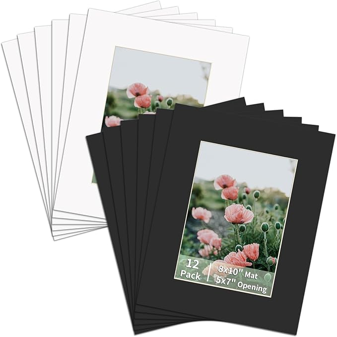 ZBEIVAN 12 Packs White and Black Colors 8x10 Picture Frame Mats for 5x7 Photos, Artworks and Prints, White Core Bevel Cut Frame Mattes