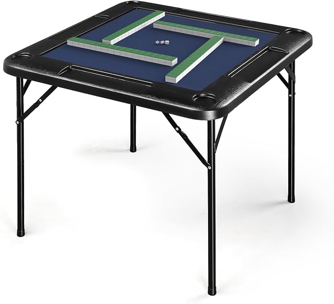 PEXMOR 35" Foldable Mahjong Table, 4 Player Card Game Table w/Cup Holders & Chip Grooves, Portable Folding Poker Domino Board Game Table for Blackjack, Texas Hold'em, Jigsaw Puzzles Game (Blue, 35")