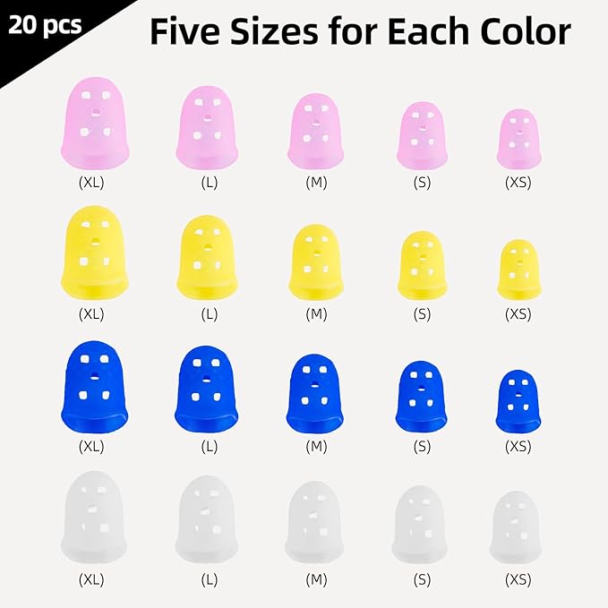 Guitar Fingertip Protector Silicone Thimble 20 PCS Rubber Finger Tips with 5 Sizes (XS-XL),4 Colors for Hand Embroidery Sewing, Carving, Comfort Grip for Guitarists, Office Workers