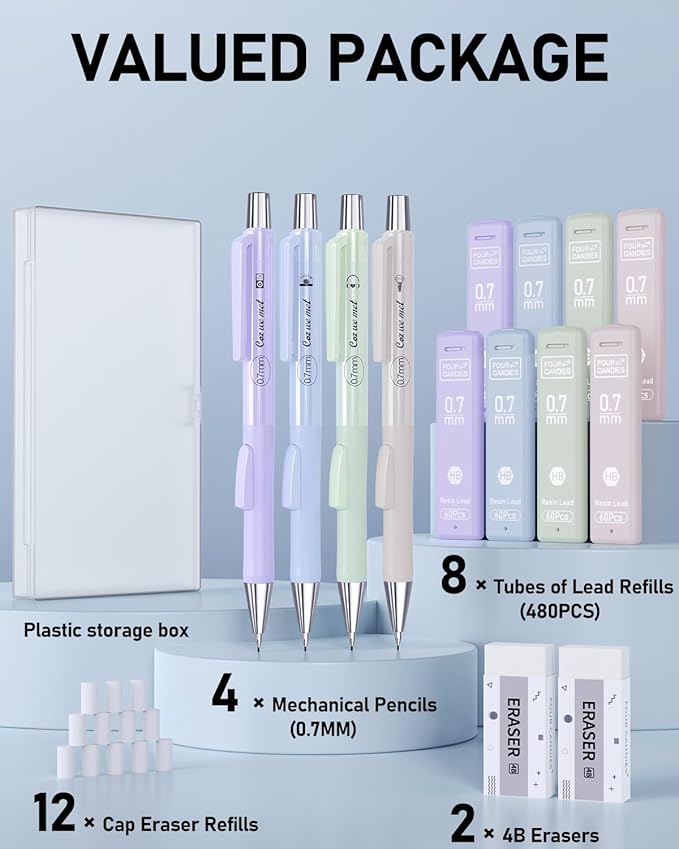 Four Candies Cute Mechanical Pencil Set with Case, 4PCS 0.7mm Pastel Fast Click Aesthetic Mechanical Pencils with 480PCS HB Lead Refills, 2 Erasers, 12 Eraser Refills School Supplies for Girls Writing