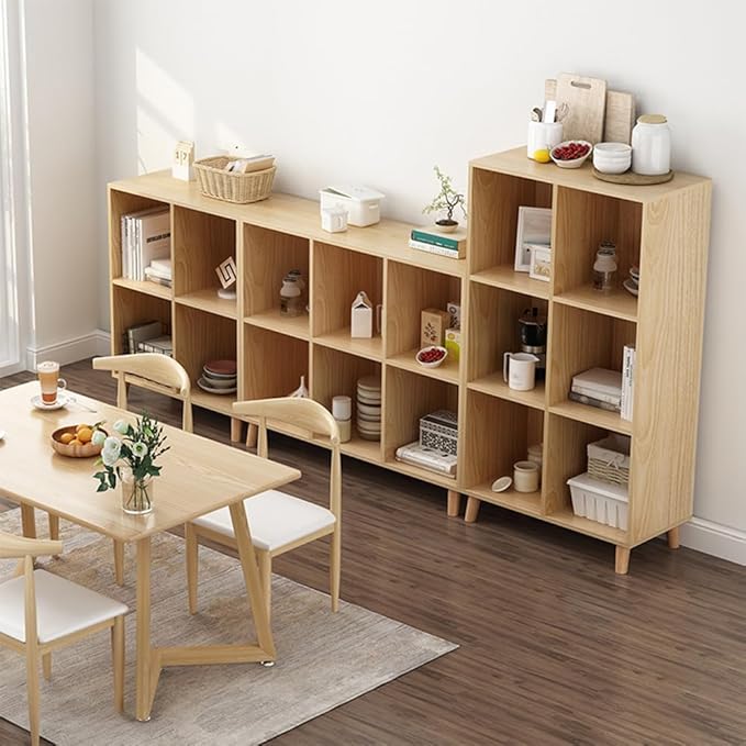 IOTXY Open Cube Low Bookcase - 3-Tier Freestanding Storage Display Cabinet Organizer with Legs for Home Office, 7-Cubes Open Shelf Short Bookshelf, Oak
