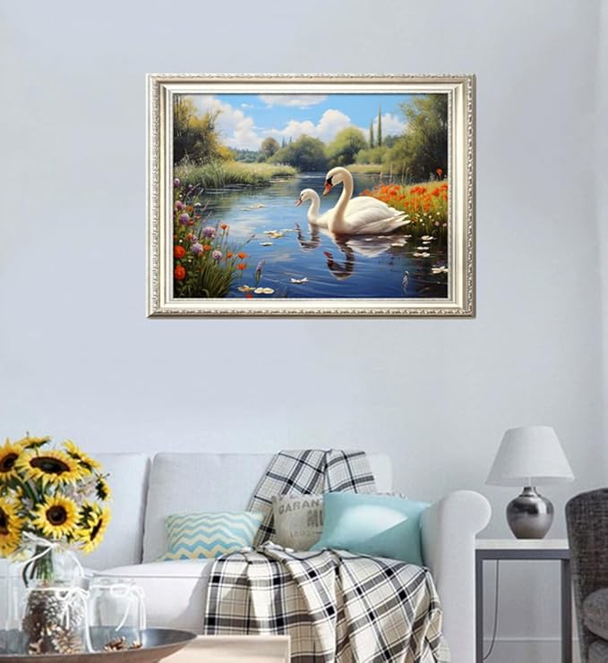 Leczany Cross Stitch Stamped Kit for Adults or Kids - Two Swan Lakes | DIY Embroidery Starter Patterns Craft Kit Needlepoint for Beginner | 11CT, 3 Strands | 22.1x15.8 inches