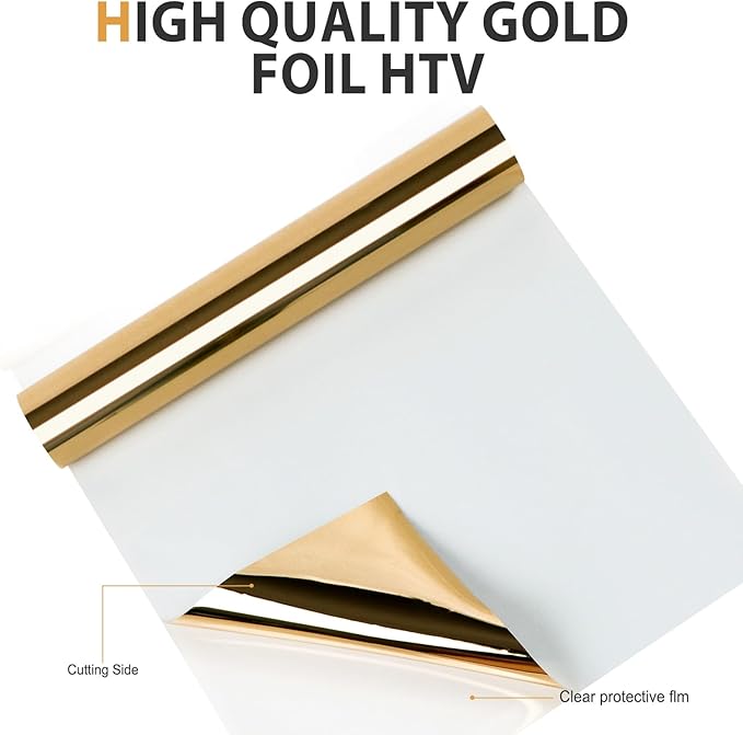 HTVRONT Gold Chrome Heat Transfer Vinyl - 12" X5ft Mirror Metallic Gold Iron on Vinyl, Metallic Foil HTV Vinyl Roll for T-Shirts, Chrome HTV Easy to Cut & Weed