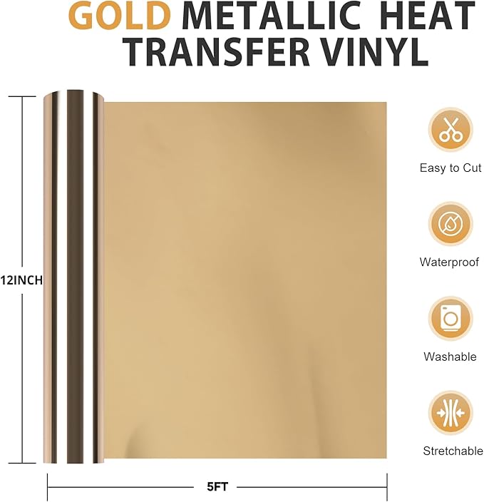 HTVRONT Gold Chrome Heat Transfer Vinyl - 12" X5ft Mirror Metallic Gold Iron on Vinyl, Metallic Foil HTV Vinyl Roll for T-Shirts, Chrome HTV Easy to Cut & Weed