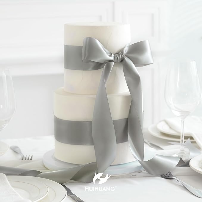HUIHUANG Silver Satin Ribbon 2 inch Wide Double Faced Satin Ribbon Silver for Gift Wrapping, Bows Making, Flower Bouquet, DIY Crafts, Wedding, Holiday Party Decor - 25 Yards/Roll