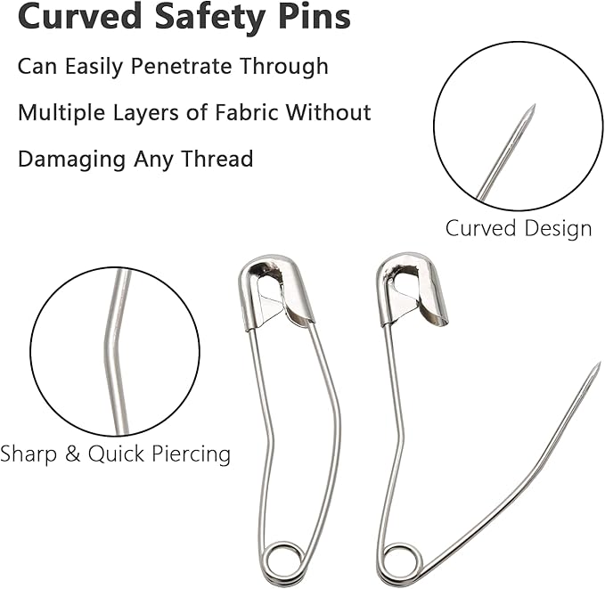 100Pcs Curved Safety Pins Size 3, 2" / 50mm Quilting Basting Pins, Bent Safety Pins for Quilting and Knitting (Sliver)
