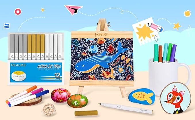 REALIKE Acrylic Paint Markers for Cricut Maker 3/Maker/Explore 3/Air 2/Air, Gold Silver White Acrylic Paint Pens for Rocks, Paper, Wood, Canvas, Glass, Ceramic, Fabric (1.0 & 2.0 Tip)