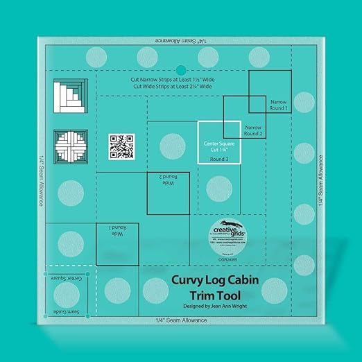 Creative Grids Curvy Log Cabin Trim Tool Quilt Ruler – CGRJAW5 – Made in USA, 8-1/2in x 8-1/2in, Non-Slip Grip Acrylic Quilting, Sewing, Crafting, Patchwork Ruler & Template