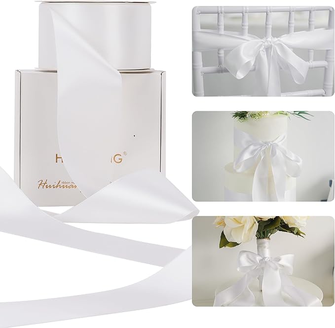 HUIHUANG White Satin Ribbon 2 inch Wide Double Side White Silk Fabric Ribbon for Crafts, Bows Making, Flower Bouquet Wrap, Gift Wrapping, Wedding Bridal Shower Decor, Home Decor -25 Yards/Roll