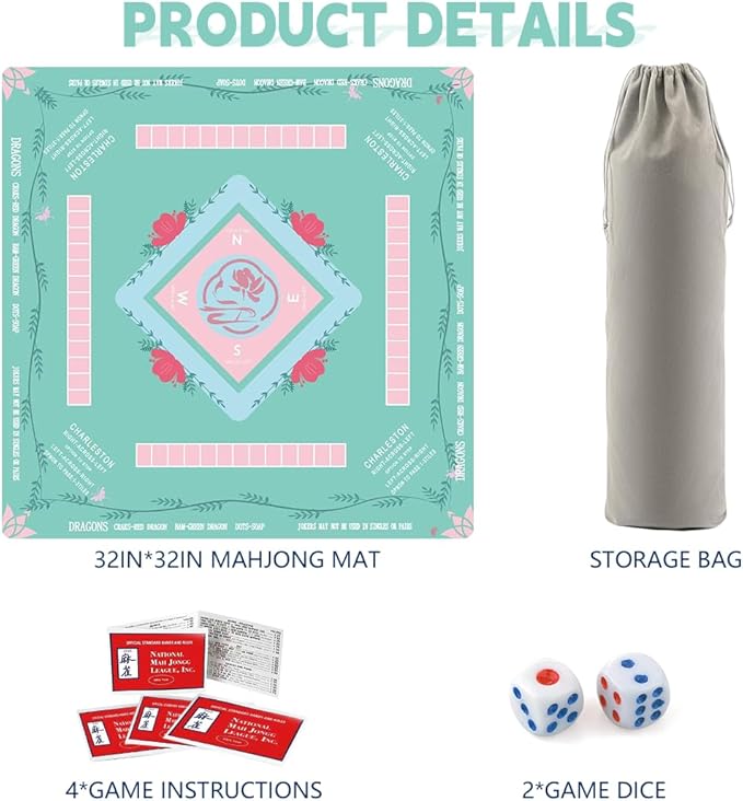 Mahjong Table Mat: 32.4 * 32.4 Inches Non-Slip and Noise-Reducing Mahjong Mat, Suitable for Mahjong, Poker, and Board Games. It Comes with 4 Mahjong Rule Cards, 2 Dice, and 1 Storage Bag.