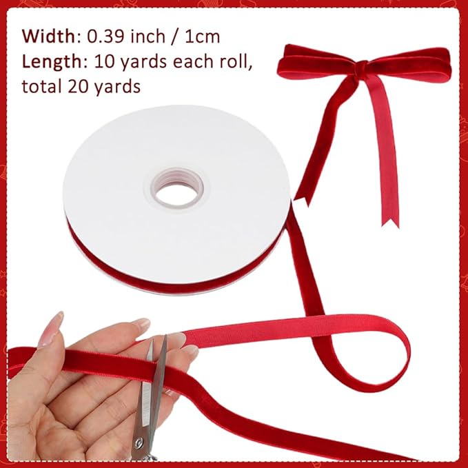 Red Velvet Ribbon, 0.39 Inch x 20 Yards Single Faced Red Ribbon for Gift Wrapping, Bow Making, Christmas Tree Decorations, Wreath Making and DIY Crafts (10 Yards Each Roll)