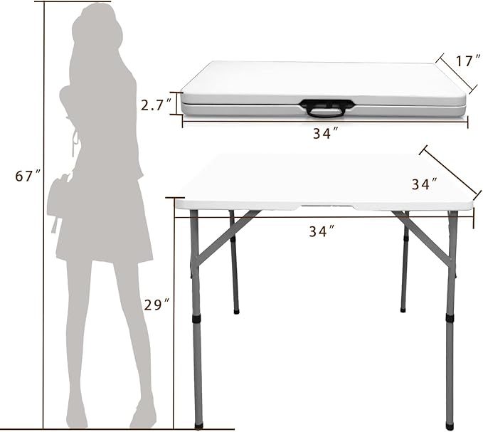 34" Fold in Half Square Folding Table, Plastic Square Card Table, Game for Puzzles Crafting Fold in Half Camping Table Utility use for Indoor Outdoor Picnic Party