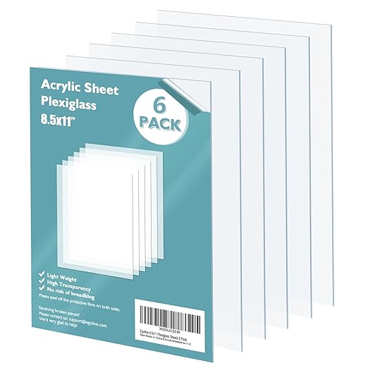 Egofine Plexiglass Sheets Acrylic Sheets 6 Pack of 8.5x11’’ 0.04 Thick Clear Plastic Cast Transparent Plexi Glass for Crafting Projects, Replacement Picture Frame Glass, DIY Display, Easy to Cut