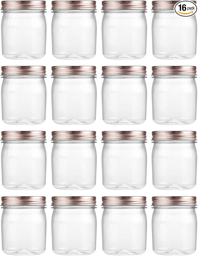 novelinks 8 oz Clear Plastic Jars with Screw-On Lids - BPA-Free Refillable Storage Containers for Slime, Spices, Crafts, Kitchen & Home Organization (16 Pack,Rose Gold)