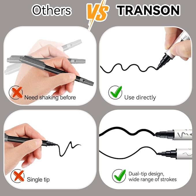 TRANSON 6 Black and 2 White Paint Markers Bold and Fine Dual-tip Acrylic Paint Marker for Rock Glass Canvas Wood Leather Ceramic DIY Painting