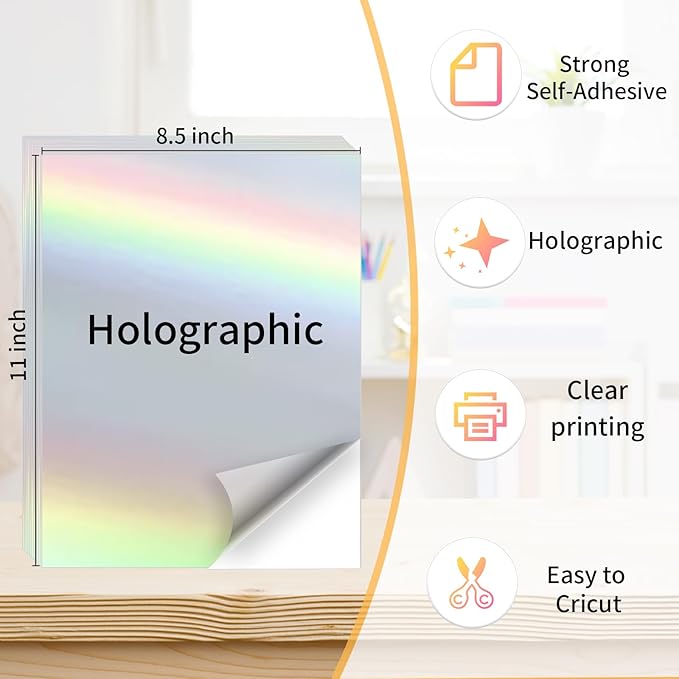 Printable Sticker Paper, 20 Sheets Printable Holographic Sticker Paper, Laser/Inkjet Printing- Holographic, Letter Size (8.5" x 11")