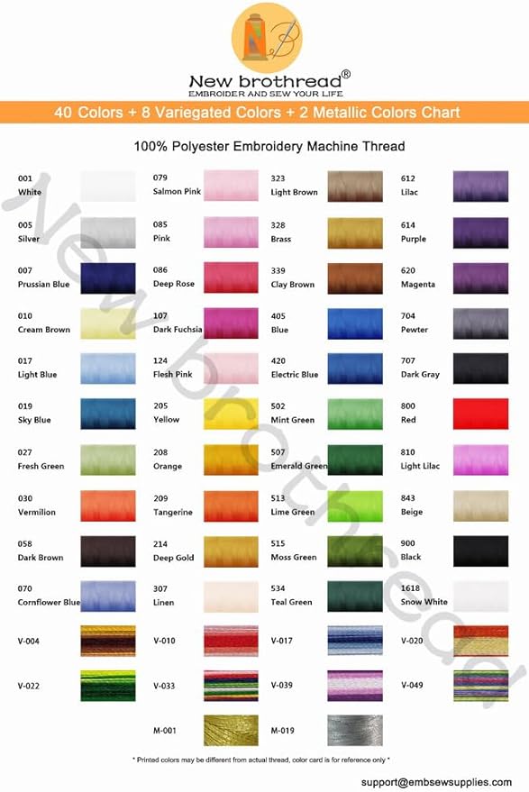 New brothread 50 Spools Embroidery Machine Thread Kit Including 40 Colors+8 Variegated Colors+2 Metallic Colors are Compatible with Janome Singer Pfaff Husqvarna Embroidery Sewing Machines