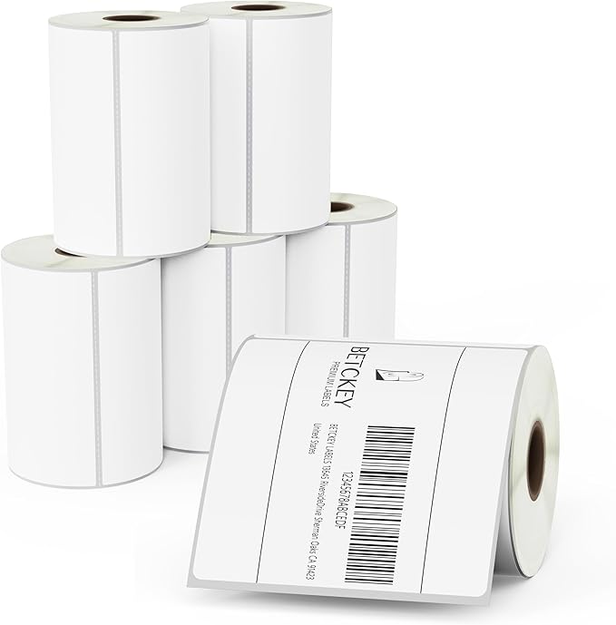 BETCKEY - 4" x 4" (102 mm x 102 mm) Shipping & Large Square Removable Film Label - Durable Waterproof - Compatible with Zebra & Rollo Label Printer [6 Rolls, 2100 Labels]