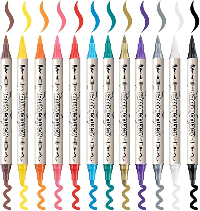 TRANSON 12 Colors Bold and Brush Dual-tip Acrylic Paint Marker Pen Set for Canvas Rock Wood Leather Ceramic DIY Painting