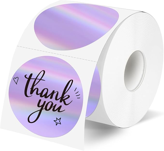 2" Circle Holographic Thermal Label Stickers, Round Printable Rainbow Glitter Thermal Printer Sticker Labels for Gift Wrapping, Self-Adhesive Name Price Tag DIY Custom Logo Design- Purple