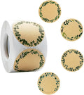 HAHIYO 2In 500P Round Natural Brown Kraft Stickers with Green Leaf Wreath Design - 4 Unique Styles Blank Kraft Labels Roll to Write On Durable Dot Stickers for Jar Canning Price Tags Store Organizing