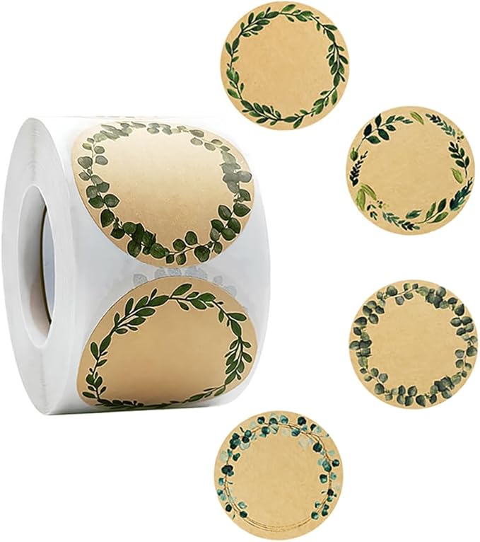 HAHIYO 2In 500P Round Natural Brown Kraft Stickers with Green Leaf Wreath Design - 4 Unique Styles Blank Kraft Labels Roll to Write On Durable Dot Stickers for Jar Canning Price Tags Store Organizing