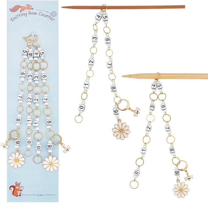 NBEADS 2 Pcs Flower and Bee Knitting Row Counter Chains, Number Beads Acrylic Stitch Markers Row Counting Accessories for Knitting Crochet Tracking Project Progress