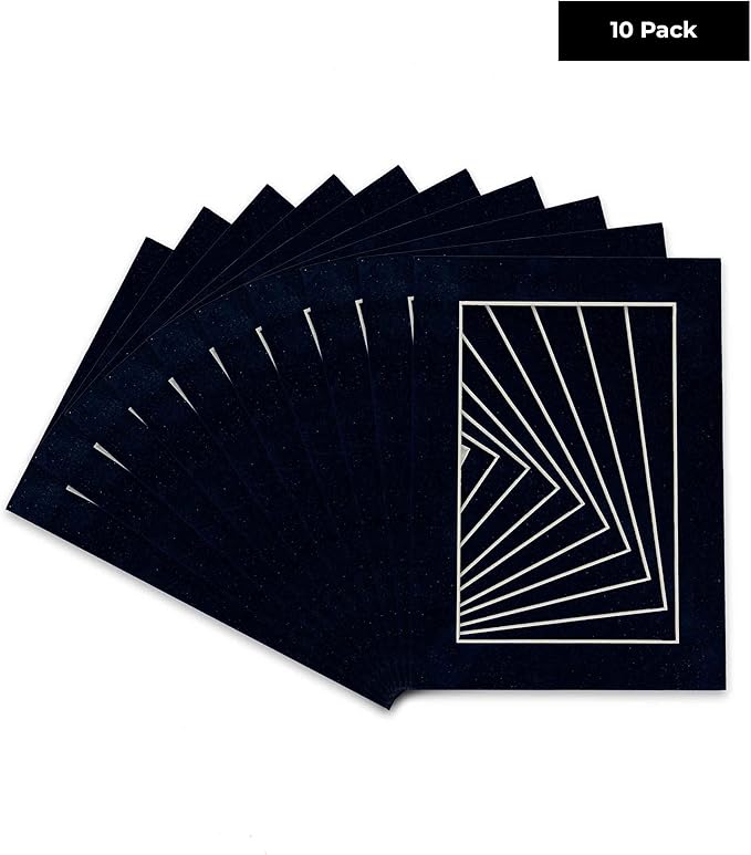 Pack of Ten Acid Free 11x14 Mats Bevel Cut for 8.5x11 Photos - Navy Suede Precut Matboards With Backing Boards and Self Seal Photo Mat Bags For Pictures, Photos, Framing - 4-ply Thickness