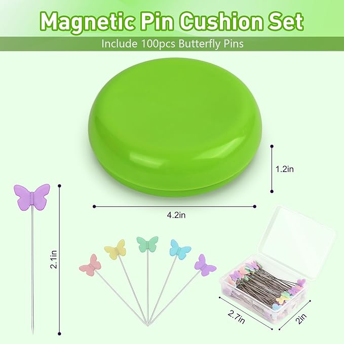 Oukitoymer Magnetic Pin Cushion with 100pcs Butterfly Head Straight Pins, Bobby Pin Holder for Sewing, Magnet Needle Cushion, Paper Clip Collector, Secure Pin Storager, Sewing & Quilting Accessories