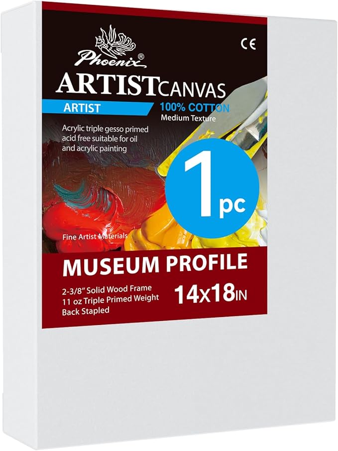PHOENIX 14x18 Inch Museum Canvas - 2 3/8 Inch Thick Porfile Deep Large Stretched Canvas for Painting 1 Pack 100% Cotton 11 Oz. Gesso Primed White Blank Professional Canvas Oil & Acrylic Paints