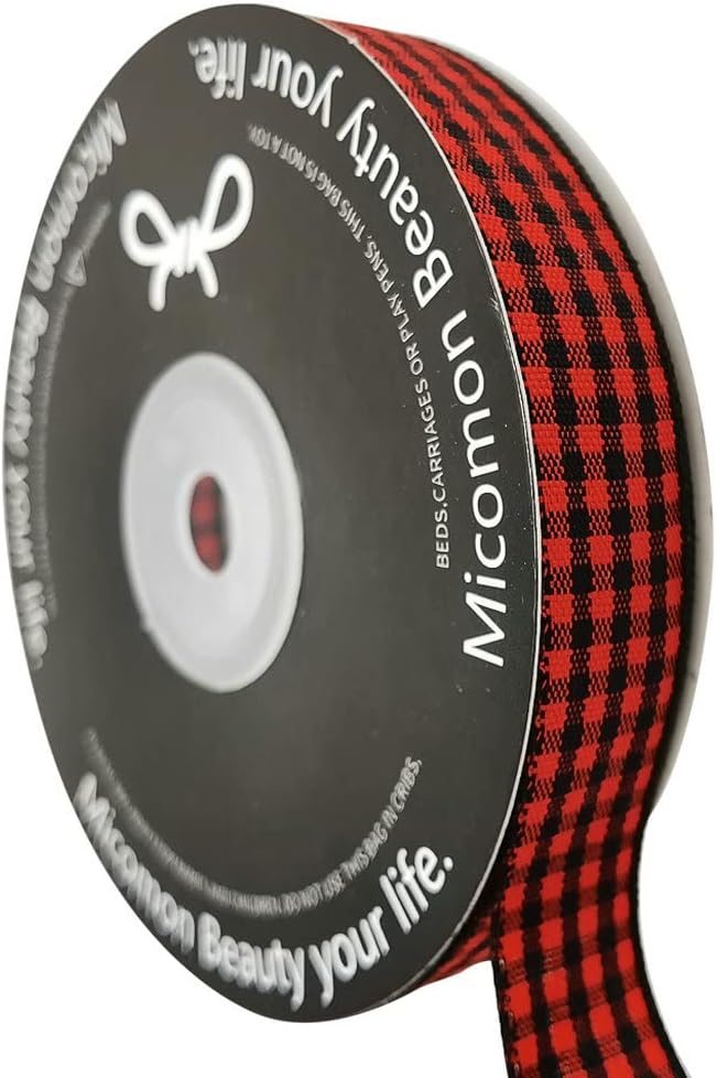 Red and Black Gingham Plaid Checked Ribbon 25 Yards Each Roll 100% Polyester (5/8",BlackRed)