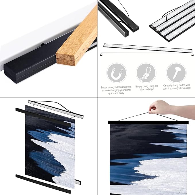 Ywlake Magnetic Poster Hanger, 8x10 8x20 8x11 Poster Frame Wood Wooden Magnet Print Posters Dowel Scroll Hanger Hangers Hanging Kit for Walls Map Canvas Artwork (Black, 8")